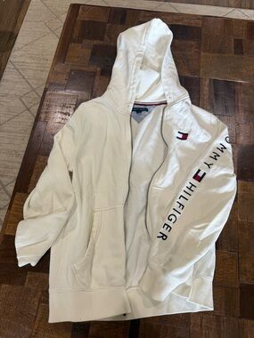 Tommy Hilfiger White Zip-Up Hoodie with Logo Sleeve